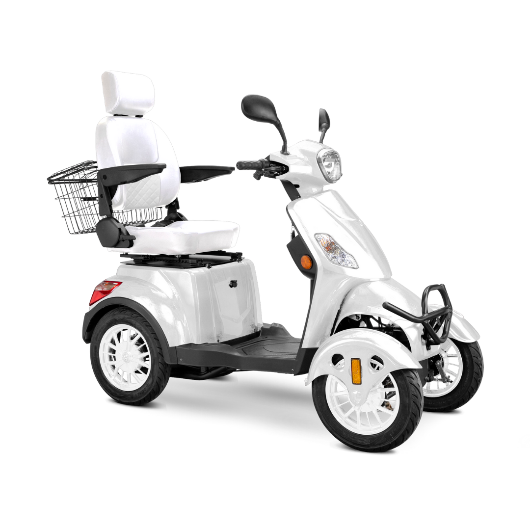 The Bespoke Prestige Recreational 4-Wheel Scooter features a powerful 600-watt motor, white finish, padded adjustable seat with armrests and headrest, handlebars, front headlight, and rear wire basket for storage.